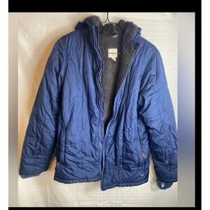Lands' End Boys Winter Coat Size Large 14-16 Navy Blue soft sherpa Lined hooded